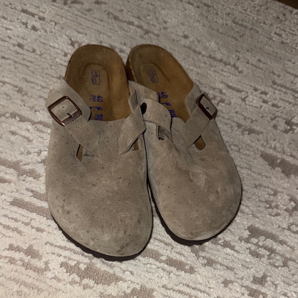 Birkenstock Taupe Suede Clogs with Buckle